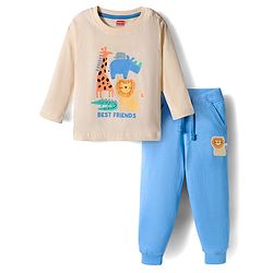 Babyhug Terry Knit Full Sleeves T-Shirt and Joggers Set with Animal Print - Tan & Light Blue