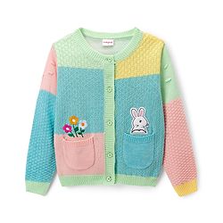 Babyhug Knitted Full Sleeves Front Open Sweater With Bunny & Floral Embroidery - Multicolor