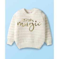 Babyhug Knitted Full Sleeves Extra Soft Hairy Eyelash Yarn Pullover Sweater With Sequin Detailing - White