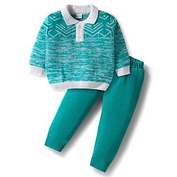 Babyhug Knitted Full Sleeves Pullover Sweater Set With Abstract Design - Turquoise Blue