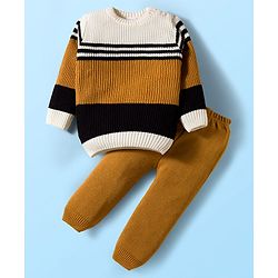 Babyhug Knit Full Sleeves Pullover Sweater Set With Stripes - Mustard