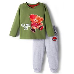 Babyhug Terry Knit Full Sleeves T-Shirt and Joggers Set with Teddy Print - Olive Green & Grey