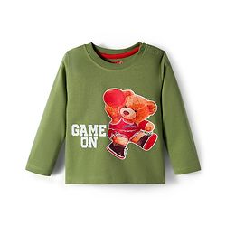 Babyhug Terry Knit Full Sleeves T-Shirt and Joggers Set with Teddy Print - Olive Green & Grey