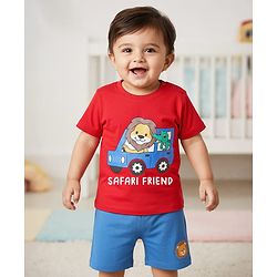 Babyhug Single Jersey Knit Half Sleeves T-Shirt & Shorts Set with Animal Safari Print - Red & Blue
