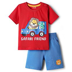 Babyhug Single Jersey Knit Half Sleeves T-Shirt & Shorts Set with Animal Safari Print - Red & Blue