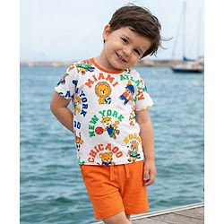 Babyhug Single Jersey Knit Half Sleeves T-Shirt & Shorts Set With Animal Print - White & Orange