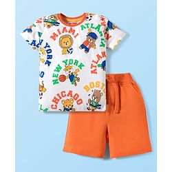 Babyhug Single Jersey Knit Half Sleeves T-Shirt & Shorts Set With Animal Print - White & Orange