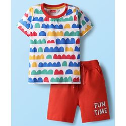 Babyhug Single Jersey Knit Half Sleeves Printed T-Shirt & Shorts Set - White & Red