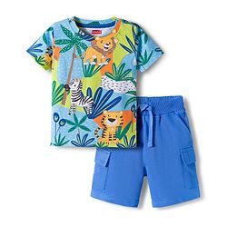 Babyhug Single Jersey Knit Half Sleeves T-Shirt & Shorts Set With Animal Print - Blue
