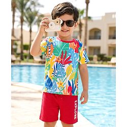 Babyhug Single Jersey Knit Half Sleeves T-Shirt & Shorts Set with Explore Text & Jungle Print - Red & Multicolor