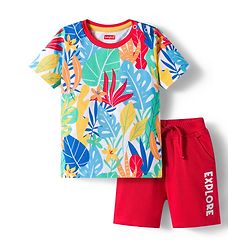 Babyhug Single Jersey Knit Half Sleeves T-Shirt & Shorts Set with Explore Text & Jungle Print - Red & Multicolor