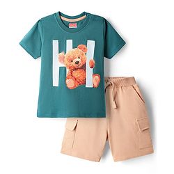 Babyhug Single Jersey Knit Half Sleeves T-Shirt and Shorts Set With Teddy Print - Dark Green