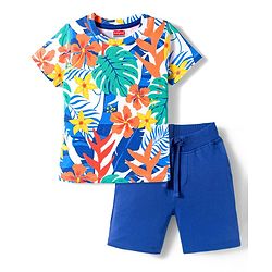 Babyhug Single Jersey Knit Half Sleeves T-Shirt & Shorts Set with Floral Print - Blue