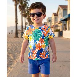Babyhug Single Jersey Knit Half Sleeves T-Shirt & Shorts Set with Floral Print - Blue