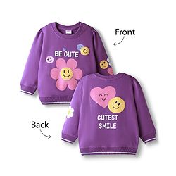 Babyhug Cotton Knit Drop Shoulder Full Sleeves Pullover Sweatshirt with Smiley Graphics - Purple