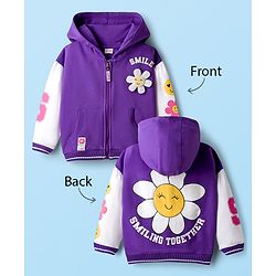 Babyhug Cotton Knit Full Sleeves Hooded Sweatjacket With Floral Graphics & Applique - Purple