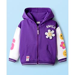 Babyhug Cotton Knit Full Sleeves Hooded Sweatjacket With Floral Graphics & Applique - Purple
