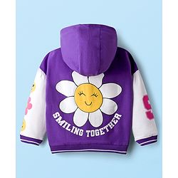 Babyhug Cotton Knit Full Sleeves Hooded Sweatjacket With Floral Graphics & Applique - Purple