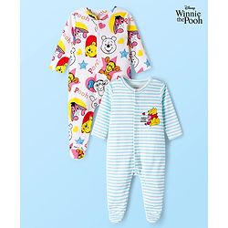 Babyhug Disney Interlock Knit Full Sleeves Footed Sleepsuits With Winnie the Pooh Graphics Pack Of 2 - White & Light Blue