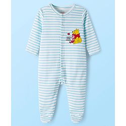 Babyhug Disney Interlock Knit Full Sleeves Footed Sleepsuits With Winnie the Pooh Graphics Pack Of 2 - White & Light Blue