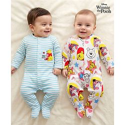 Babyhug Disney Interlock Knit Full Sleeves Footed Sleepsuits With Winnie the Pooh Graphics Pack Of 2 - White & Light Blue