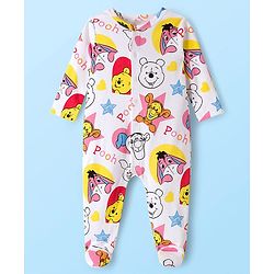Babyhug Disney Interlock Knit Full Sleeves Footed Sleepsuits With Winnie the Pooh Graphics Pack Of 2 - White & Light Blue