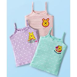 Babyhug Disney Knit Sleeveless Slips with Winnie the Pooh Graphic Pack of 3 - Mint Lilac & Pink