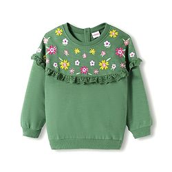 Babyhug Cotton Knit Full Sleeves Sweatshirt With Floral Embroidery - Green