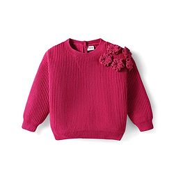 Babyhug Knit Full Sleeves Pullover Sweater with Floral Applique - Dark Pink