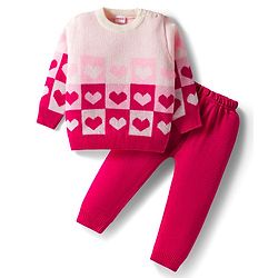 Babyhug Knitted Full Sleeves Pullover Sweater Set With Heart Design - Pink