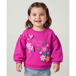 Babyhug Cotton Knit Full Drop Shoulder Volume Sleeves Sweatshirt with Floral Graphics & Butterfly Applique - Dark Pink