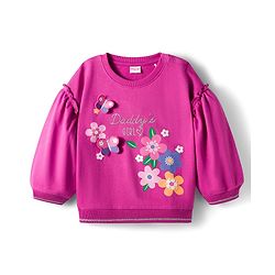Babyhug Cotton Knit Full Drop Shoulder Volume Sleeves Sweatshirt with Floral Graphics & Butterfly Applique - Dark Pink