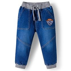 Babyhug Full Length Denim Washed Jeans with Stretch & Patch Detailing - Blue