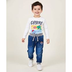 Babyhug Full Length Denim Washed Jeans with Stretch & Patch Detailing - Blue