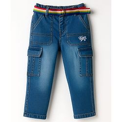 Babyhug Cotton Denim Full Length Jeans With Belt & Text Embriodery - Blue