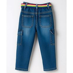 Babyhug Cotton Denim Full Length Jeans With Belt & Text Embriodery - Blue