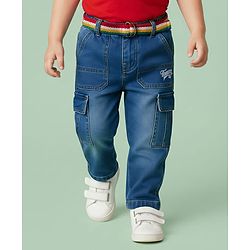 Babyhug Cotton Denim Full Length Jeans With Belt & Text Embriodery - Blue