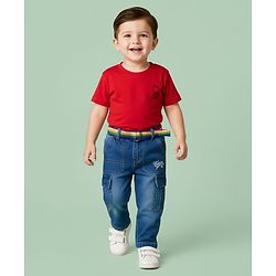 Babyhug Cotton Denim Full Length Jeans With Belt & Text Embriodery - Blue