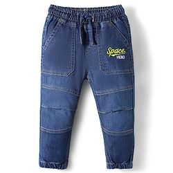 Babyhug Full Length Denim Washed Jeans with Stretch & Text Embroidery - Blue