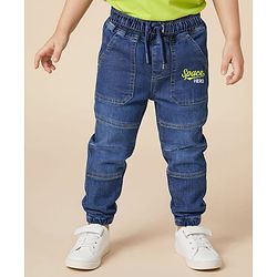 Babyhug Full Length Denim Washed Jeans with Stretch & Text Embroidery - Blue