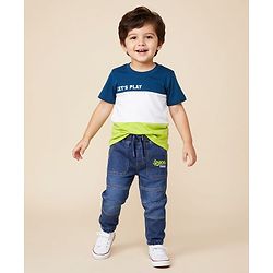 Babyhug Full Length Denim Washed Jeans with Stretch & Text Embroidery - Blue