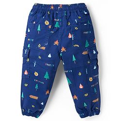 Babyhug Twill Woven Full Length Trouser Pant With Stretch & Tree Print - Navy Blue