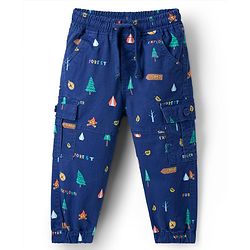 Babyhug Twill Woven Full Length Trouser Pant With Stretch & Tree Print - Navy Blue