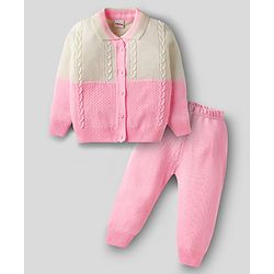 Babyhug Knit Full Sleeves Front Open Sweater Set With Cable Knit Design - Pink & White