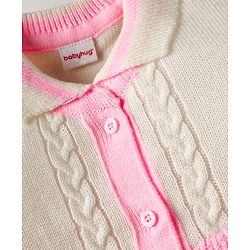 Babyhug Knit Full Sleeves Front Open Sweater Set With Cable Knit Design - Pink & White