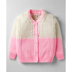 Babyhug Knit Full Sleeves Front Open Sweater Set With Cable Knit Design - Pink & White