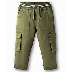 Babyhug Twill Woven Full Length Trouser With Stretch & Pockets - Olive Green