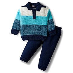 Babyhug Knitted Full Sleeves Pullover Sweater Set With Color Block Design - Multicolor