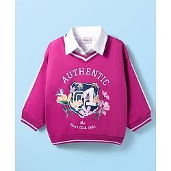 Babyhug Cotton Knit Full Sleeves Collar Neck Sweatshirt With Floral Print - Fuchsia