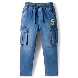 Babyhug Denim Full Length Washed Jeans With Stretch & Text Embriodery - Blue